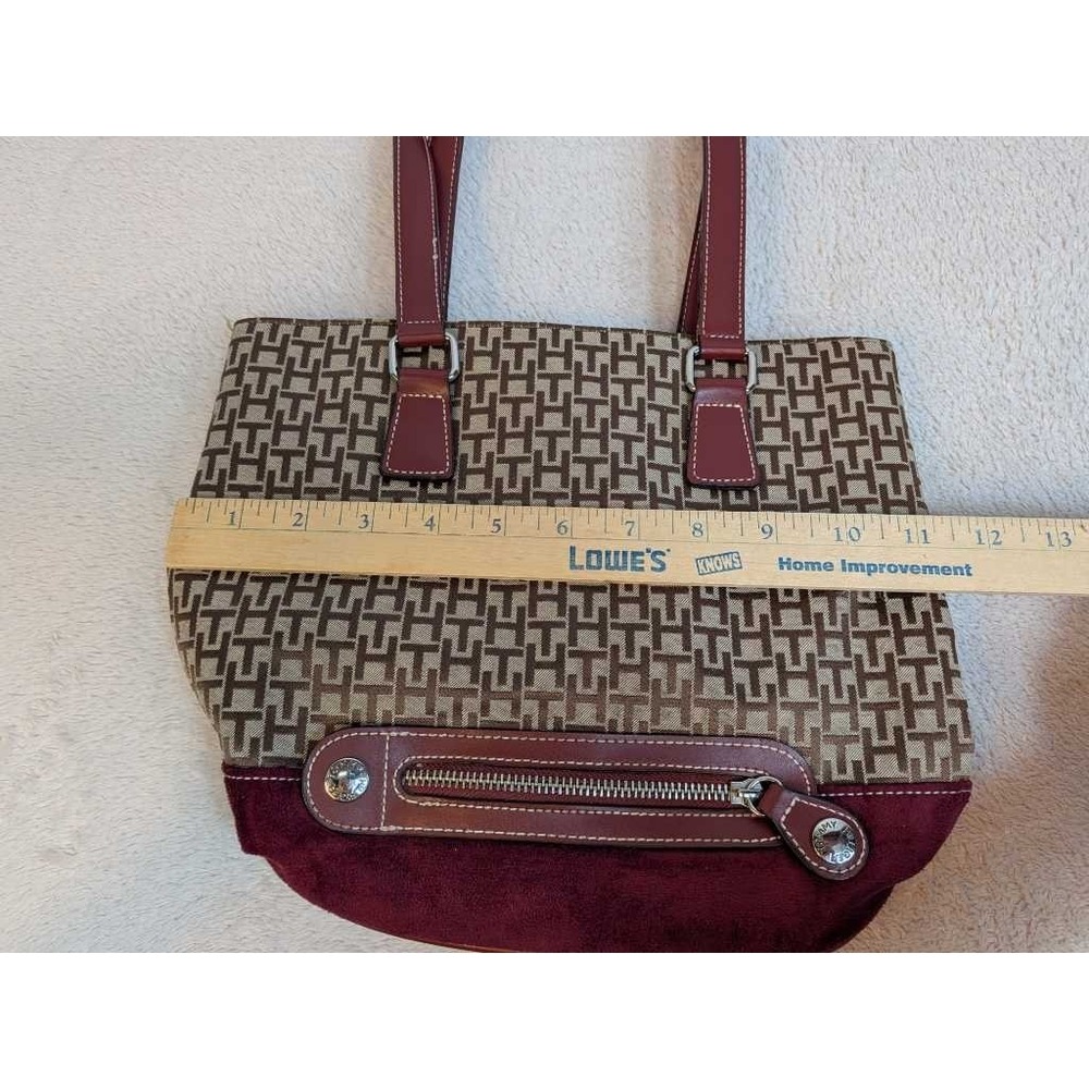 Tommy Hilfiger Monogram Tote Bag Burgundy Leather Trim Shoulder‎ Bag - Picture 9 of 11